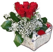 kalp mika i�erisinde 8 adet kirmizi g�l 